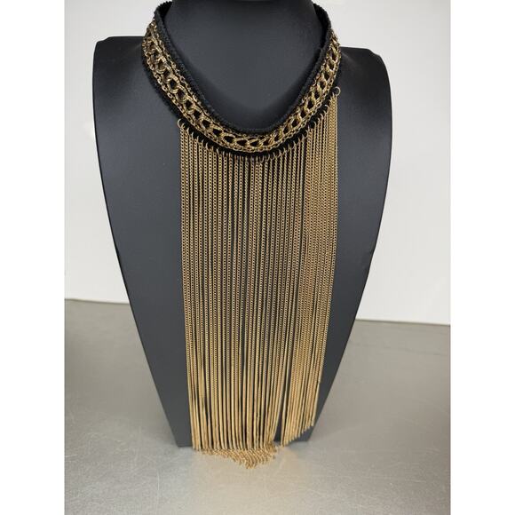 Statement Choker Necklace Fringe Gold Tone Bib Chain Tassel Black - Picture 2 of 3